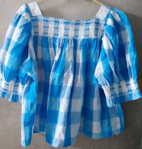 Cute Blue Checked Top with Smocked Details
