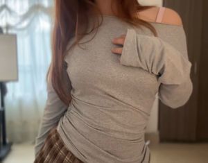 SAVANA Grey Off-Shoulder Ruched Long Sleeve Top