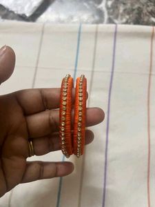 Orange Silk Thread Bangles with Stones