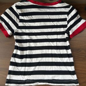 Black &amp; White Striped T-Shirt with Red Trim