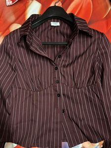 Burgundy Pinstripe Fitted Blouse - S