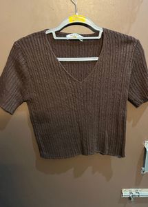 Brown Cable Knit V-Neck Top