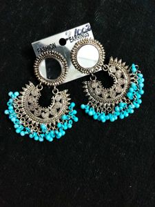 Oxidized Mirror Jhumka Earrings with Blue Beads