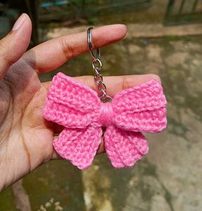 Crocheted Pink Bow Keychain