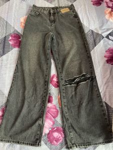 Washed Grey Wide Leg Ripped Jeans