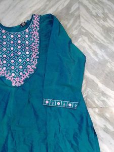 Beautiful Teal Kurta with Pink Embroidery
