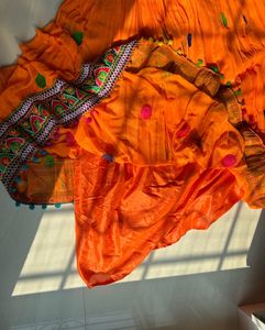 Vibrant Orange Polka Dot ghagra and blue dupatta