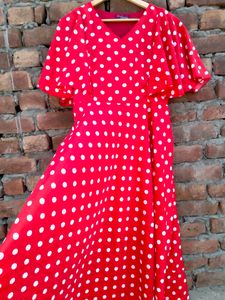 Women A-Line Polka Dot Printed V-Neck Maxi Dress