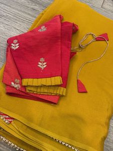 Yellow Saree with Red Embroidered Blouse