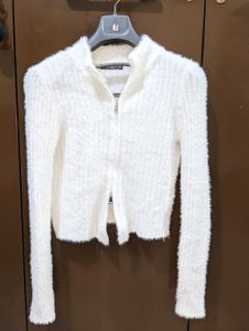 White Fuzzy Zip-Up Sweater