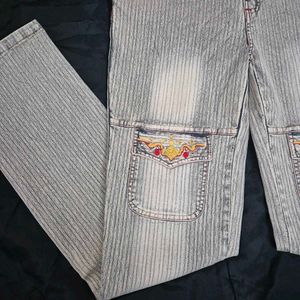 Striped Embroidered Jeans cargo y2k
