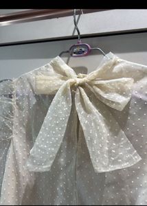 Sheer Polka Dot Blouse with Lace Trim