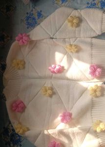 White Quilted Sweater with Flower Appliques