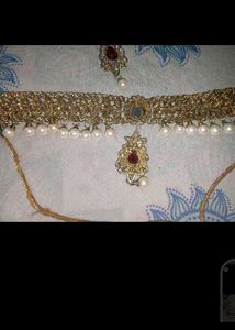 Elegant Pearl &amp; Red Stone Jewellery Set