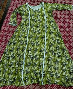 Green Floral Print Kurti set with Lace Trim
