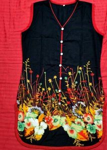Black Floral Print Sleeveless Kurta