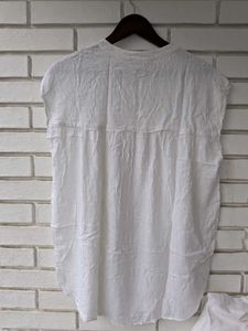 White Linen Blend V-Neck Top