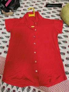 Vibrant Red Collared Button-Up Top