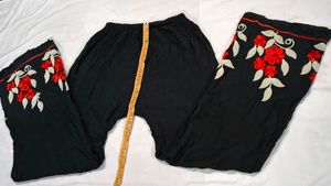 Embroidered Palazzos Black with Red Floral Accen