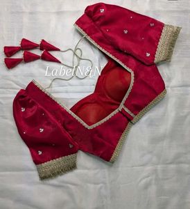 Red Velvet Embroidered Blouse with Tassels
