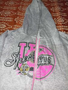 Grey Zip-Up Hoodie with Pink Accents