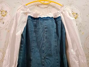 Denim Button-Down Dress with White Puff Sleeves