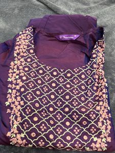 Purple Straight Kurta With Pant(ankle Length)