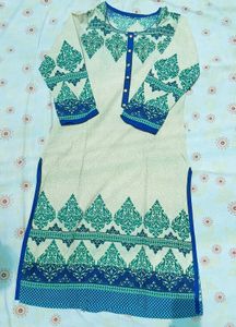 Stylish Cream Kurta with Blue &amp; Green Print