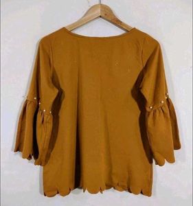 Brown Pearl Embellished Bell Sleeve Top