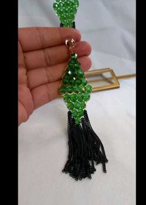 Green Beaded Drop Earrings with Black Chains