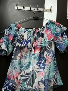 Tropical Print Off-Shoulder Ruffled Top