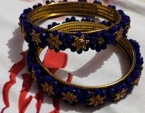 Blue Beaded Bangles with Gold Accents (2.6)