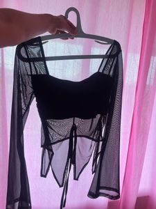 Sheer Black Mesh Long Sleeve Top bust 32-34