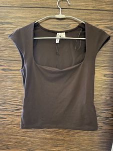 Brown scoop Neck Cap Sleeve Top