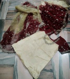 Maroon &amp; Cream Lehenga Choli Set