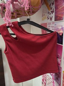 Red One Shoulder Ribbed Tank Top