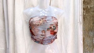 I. Sheer Ruched Tube Top with Cherub Print