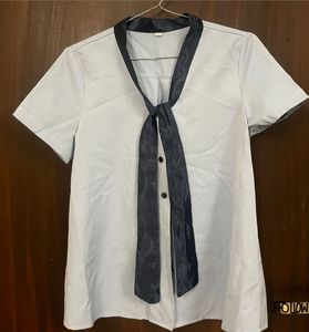 Chic Grey Short Sleeve Blouse with Black Tie Accen