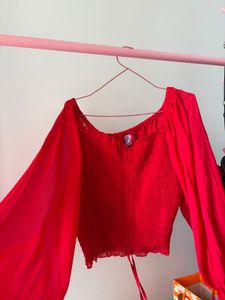 Red Sheer Sleeve Ruched Top