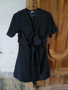 Black Polka Dot Front-Tie Mini Dress / Tunic Top