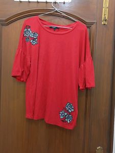 Red Embroidered Flare Sleeve Top