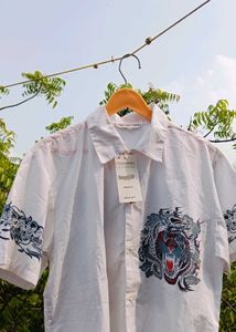 vintage Dragon Print White Short Sleeve Shirt
