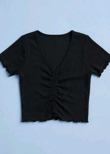 Black Ruched V-Neck Crop Top