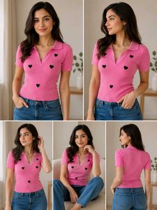 savana Pink Heart Knit Polo Top