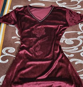 Burgundy Velvet Dress - Floral Detail