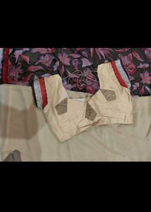 Designer Beige Blouse with Floral Saree