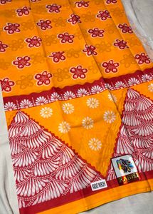 Yellow Red Mulmul Cotton Saree