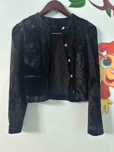 Korean Black Velvet Button-Up Crop Jacket