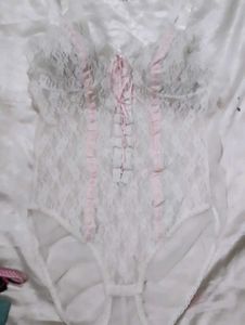 White Lace Teddy with Pink Ribbons