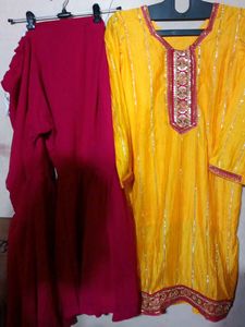 yellow and pink heavy sharara suit with